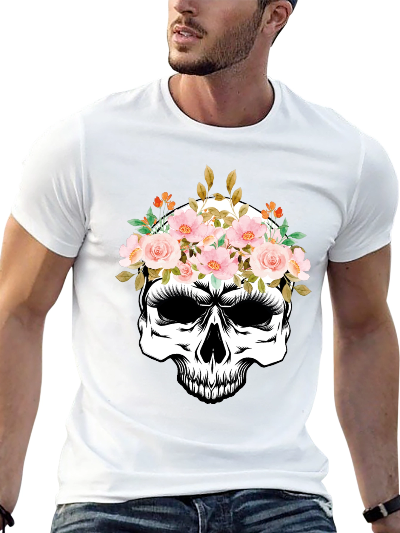 Floral Skull Graphic Tee - Black Cotton T-Shirt