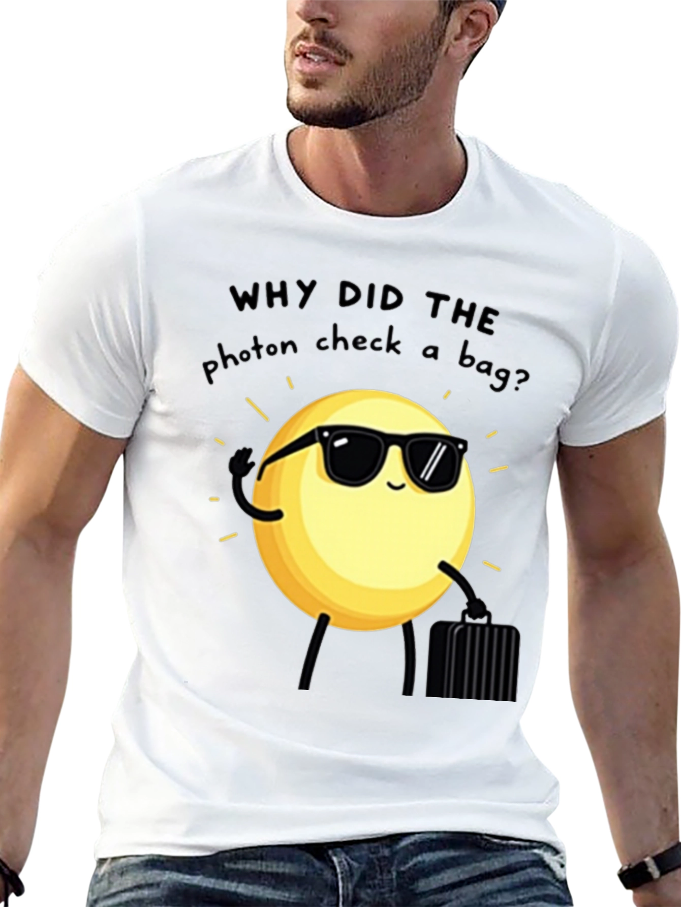 Funny Science Pun T-Shirt - Photon Checked a Bag