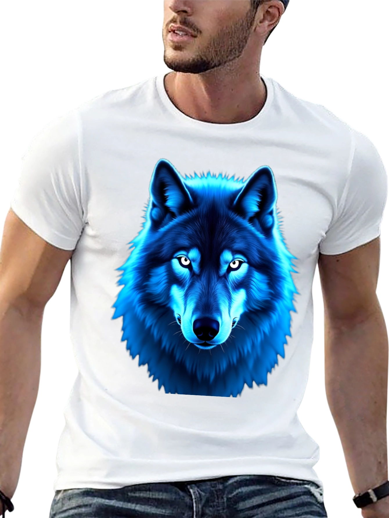 Blue Wolf Graphic Print Black T-Shirt