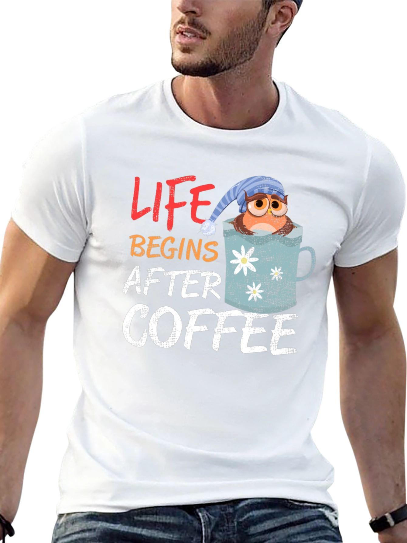 Life Begins After Coffee Owl in Mug Graphic T-Shirt