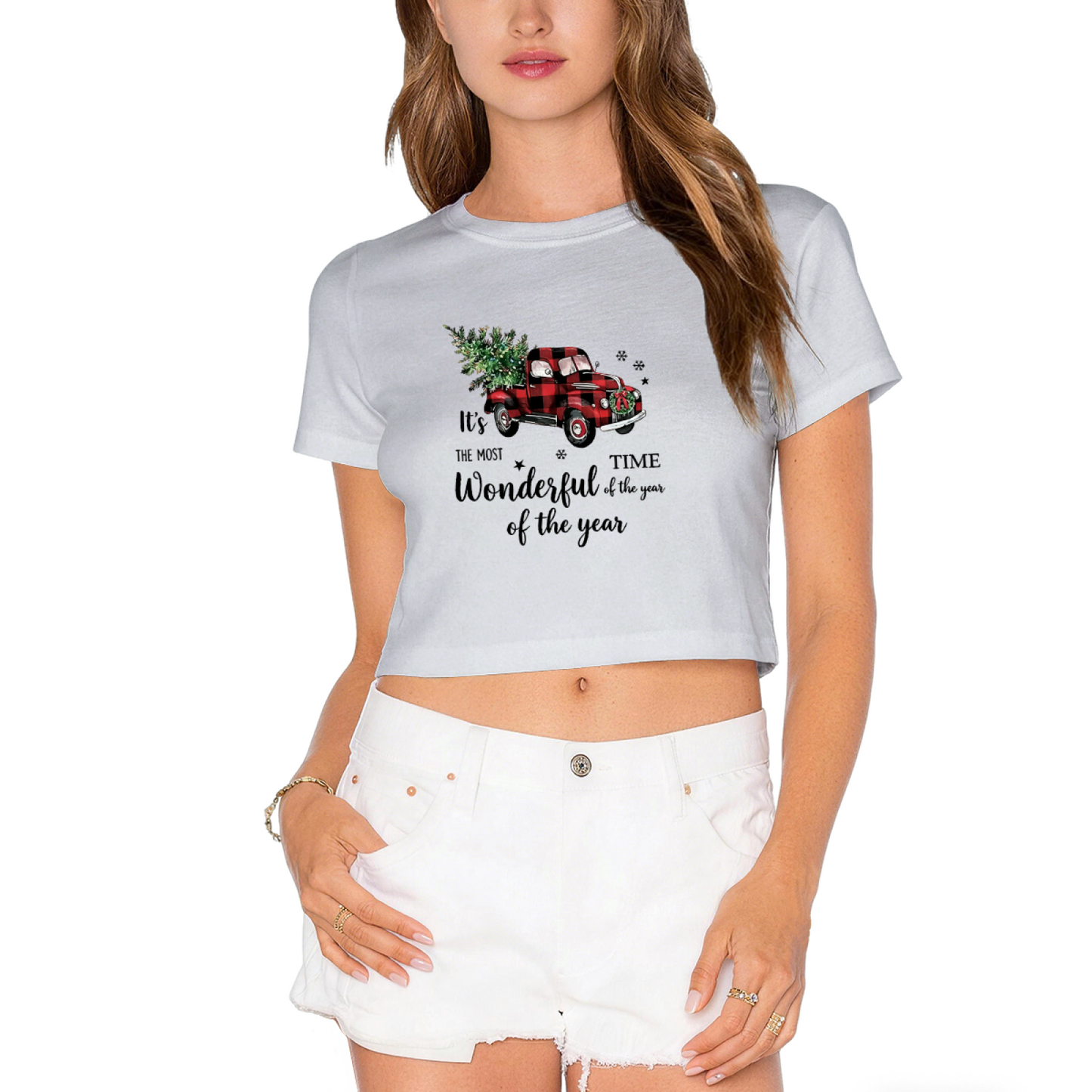 Red Buffalo Plaid Vintage Truck Christmas Tree Women Holiday Crop Tee