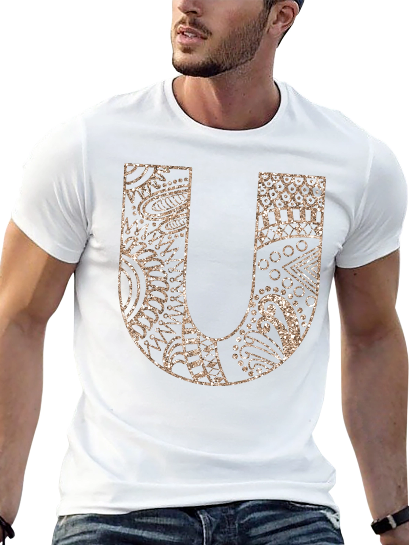 Letter U Graphic Tee - Black Cotton Blend Shirt