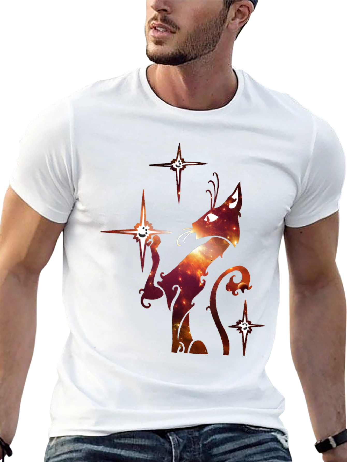 Celestial Cat Graphic T-Shirt - Black Cotton Blend