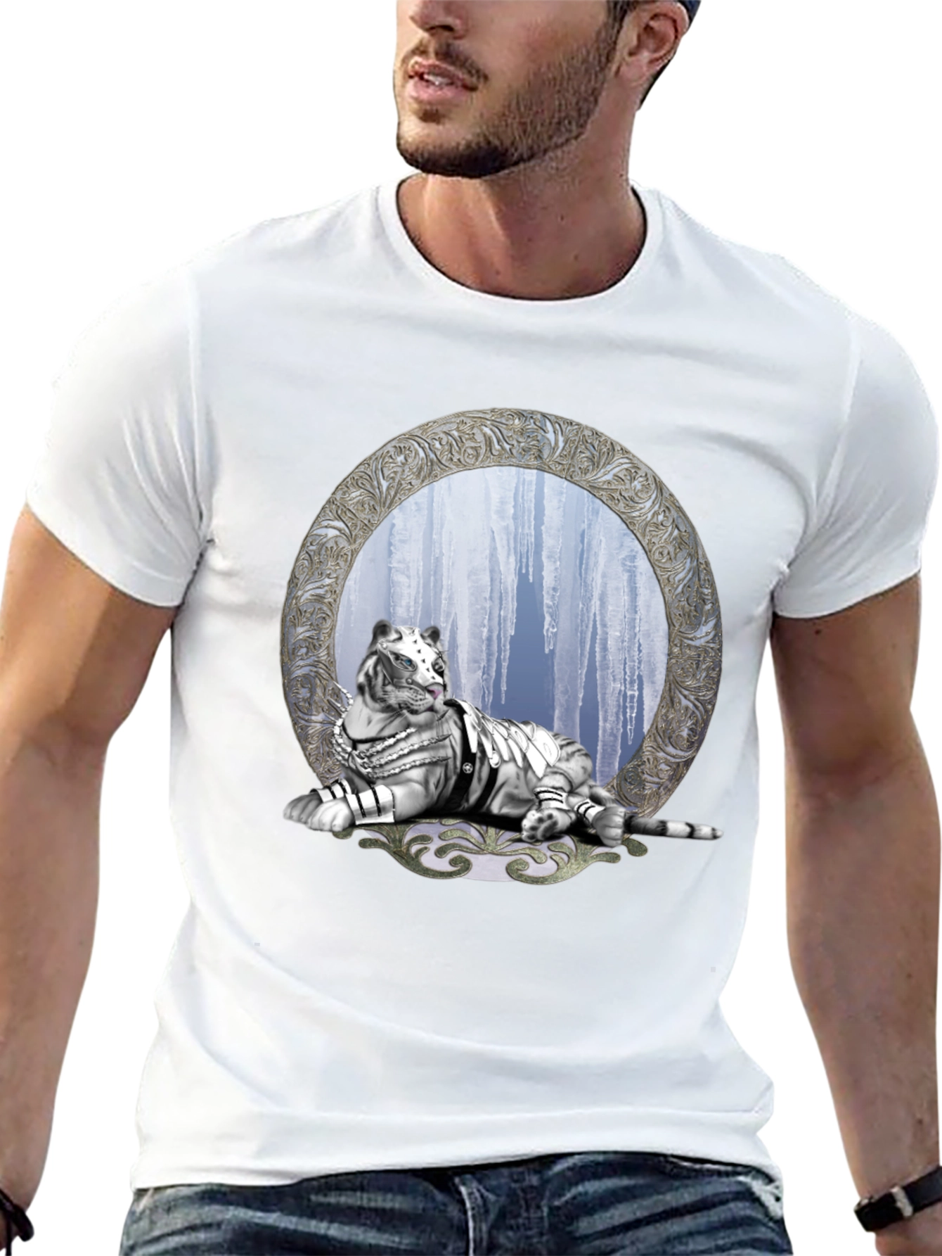 Black T-Shirt with White Tiger & Icicle Graphic