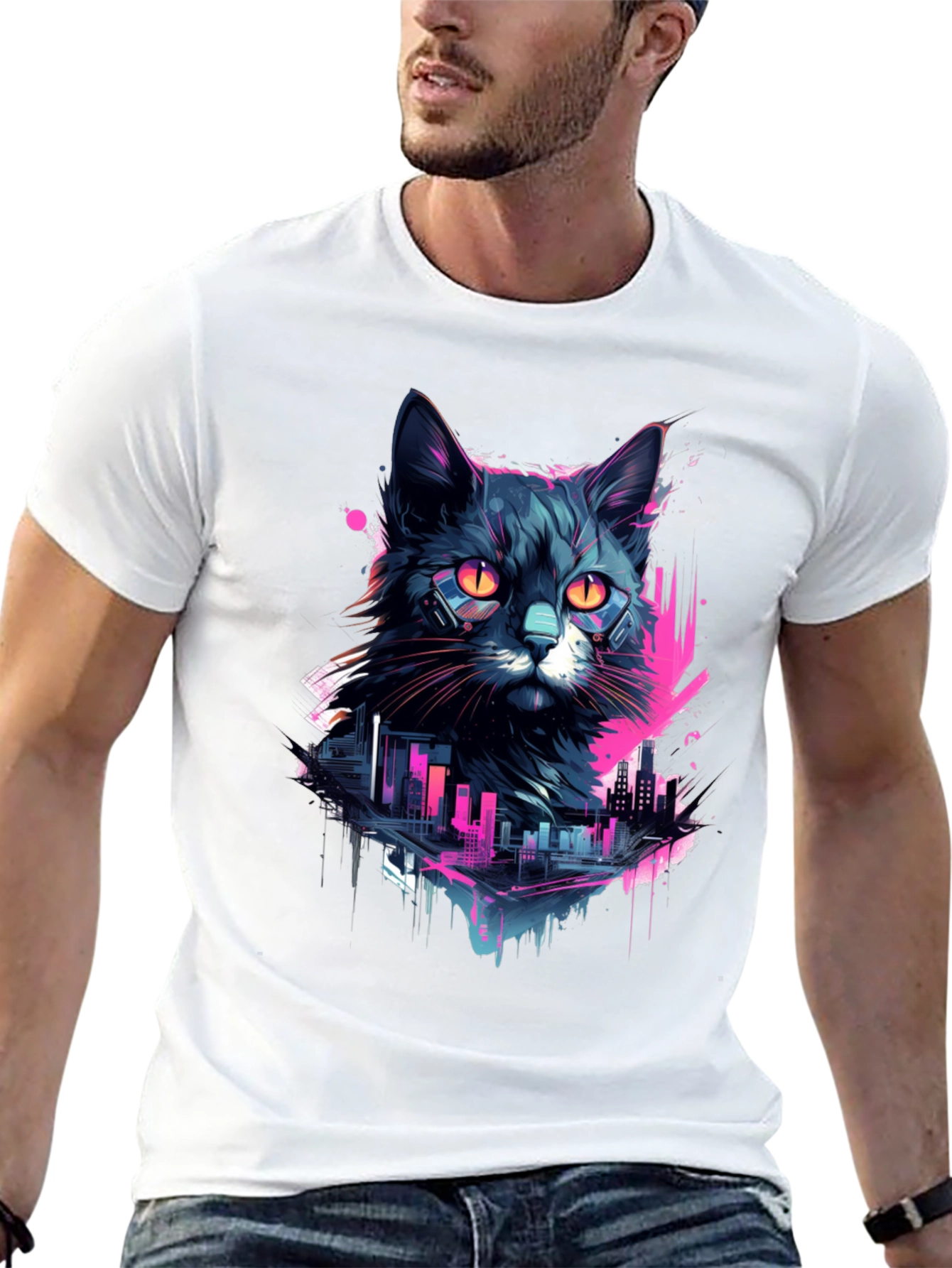 Cyberpunk Cat T-Shirt - Neon Cityscape Design
