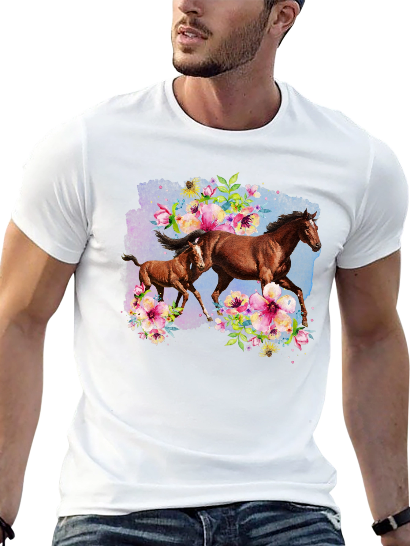 Horse & Floral Black T-Shirt