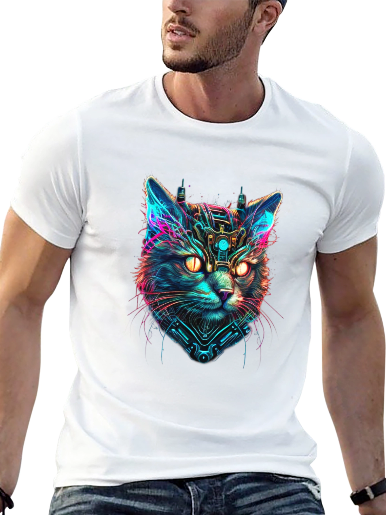 Cyberpunk Cat Graphic Black T-Shirt
