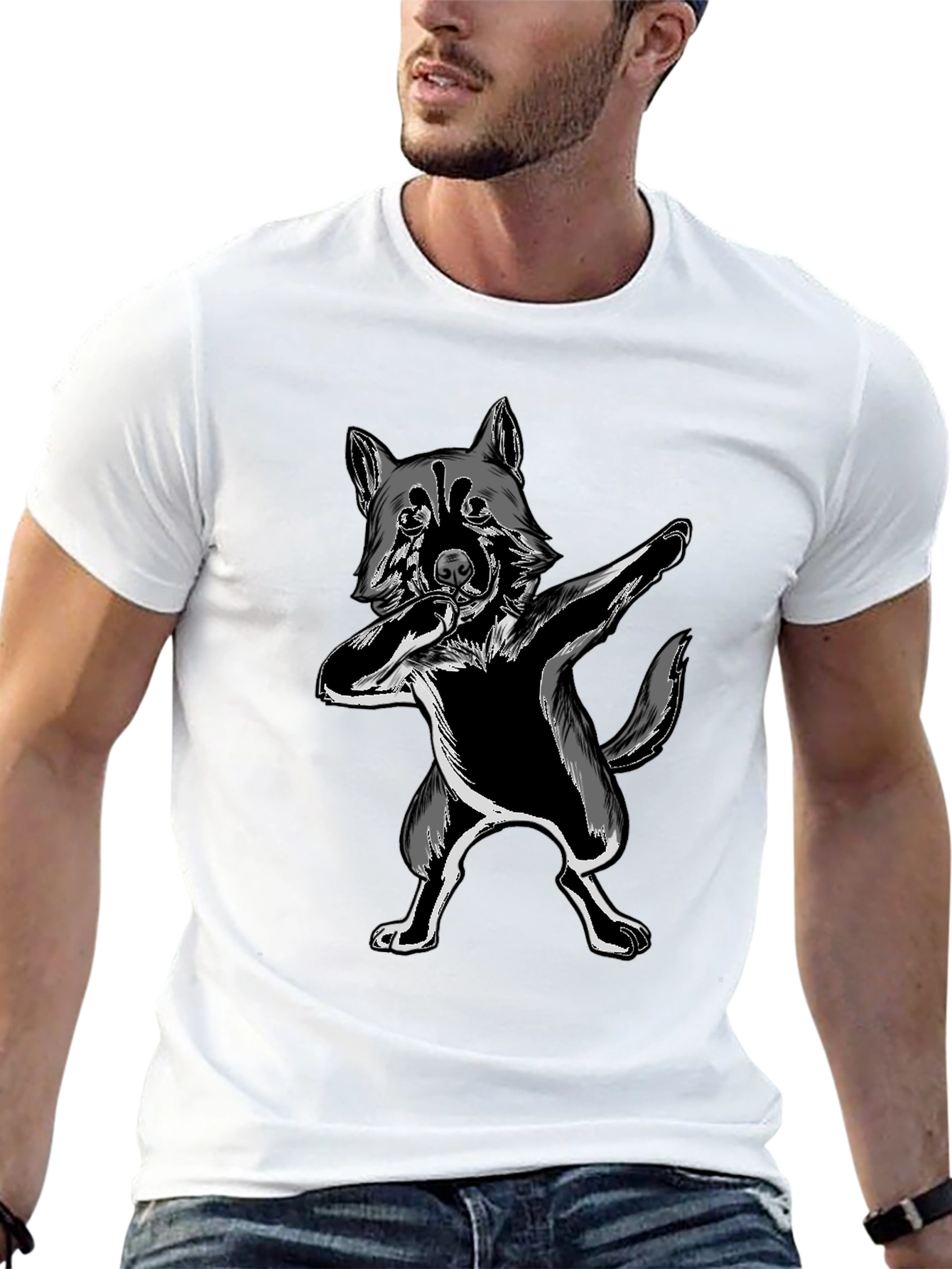 Dabbing Wolf Graphic Tee - Black Crew Neck Shirt