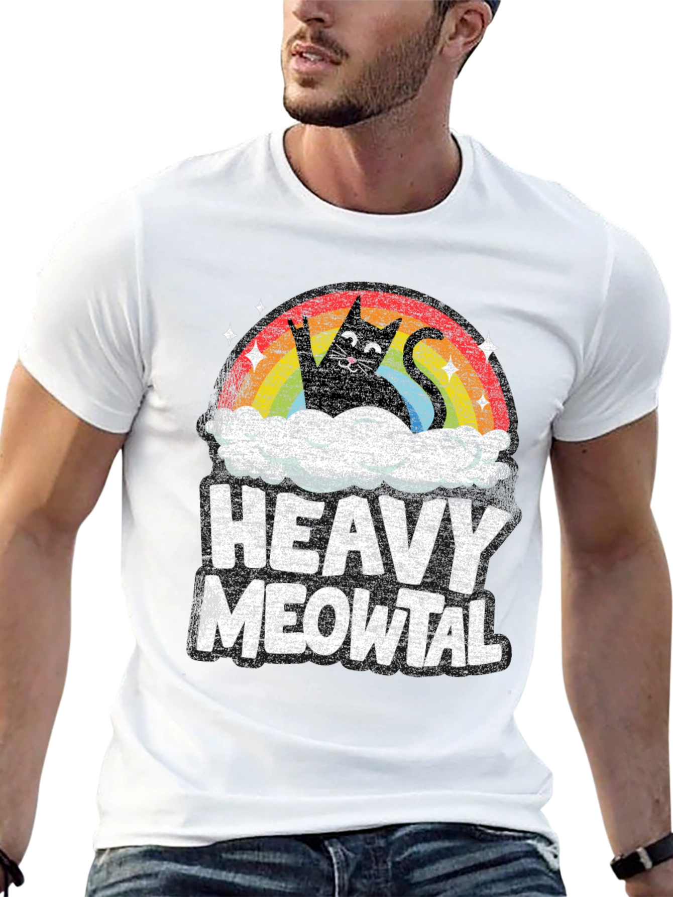 Heavy Meowtal T-Shirt Rocker Cat Rainbow