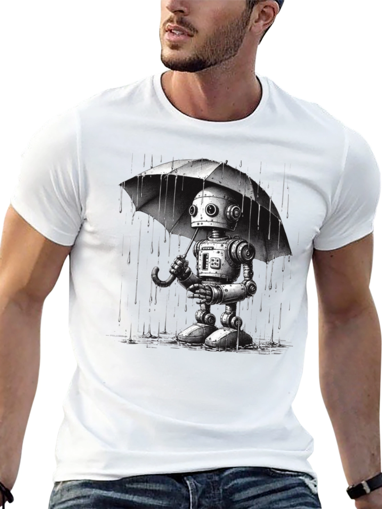 Robot Umbrella Graphic T-Shirt - Black Cotton Tee