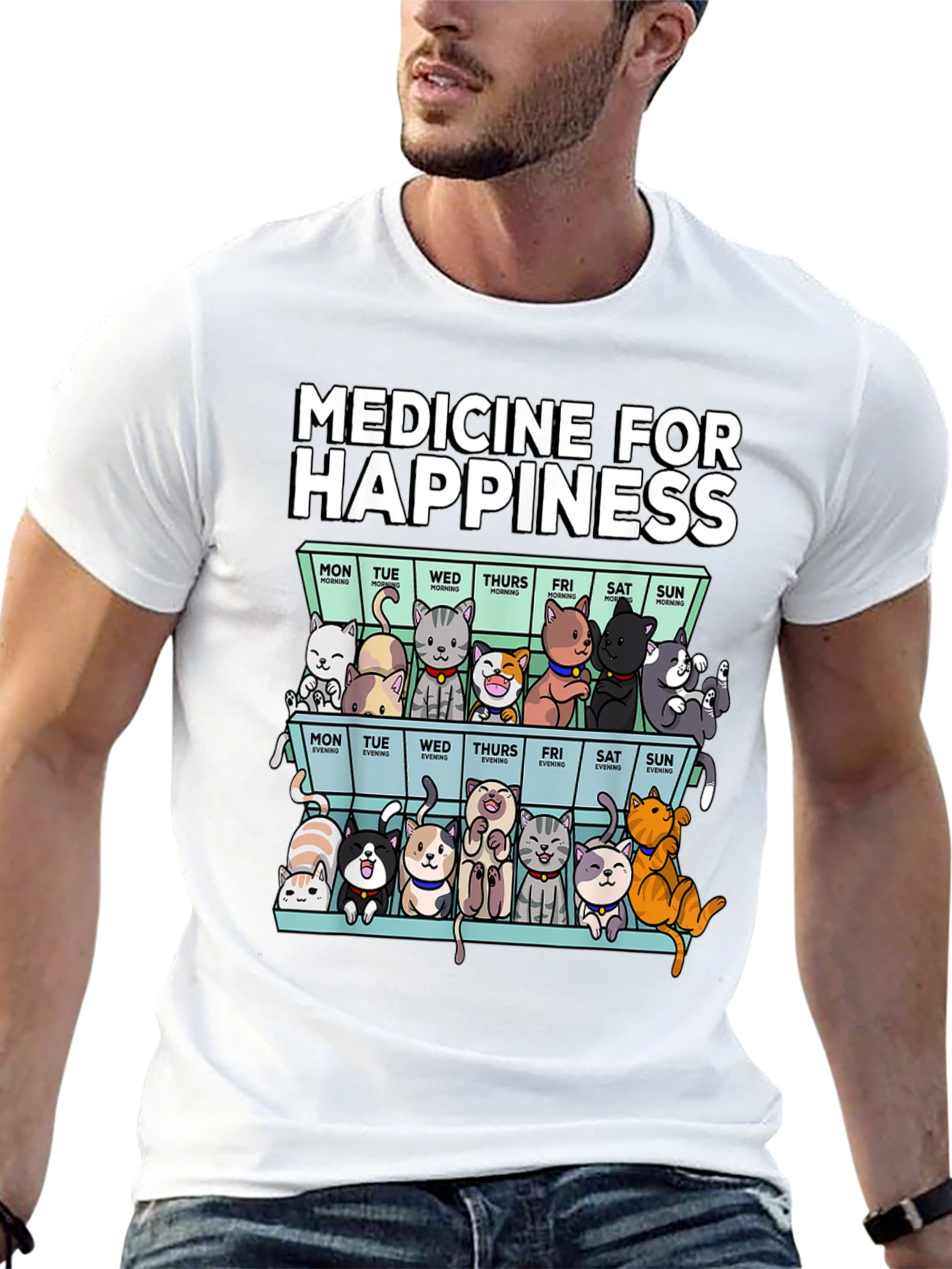 Medicine for Happiness Cat Pill Box Black T-Shirt