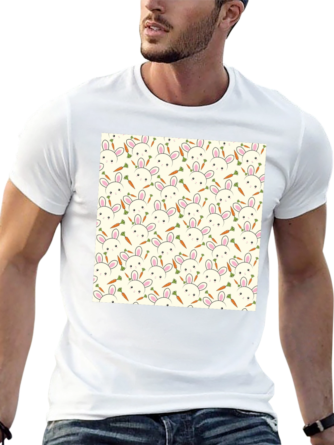 Bunny & Carrot Pattern T-Shirt - Black