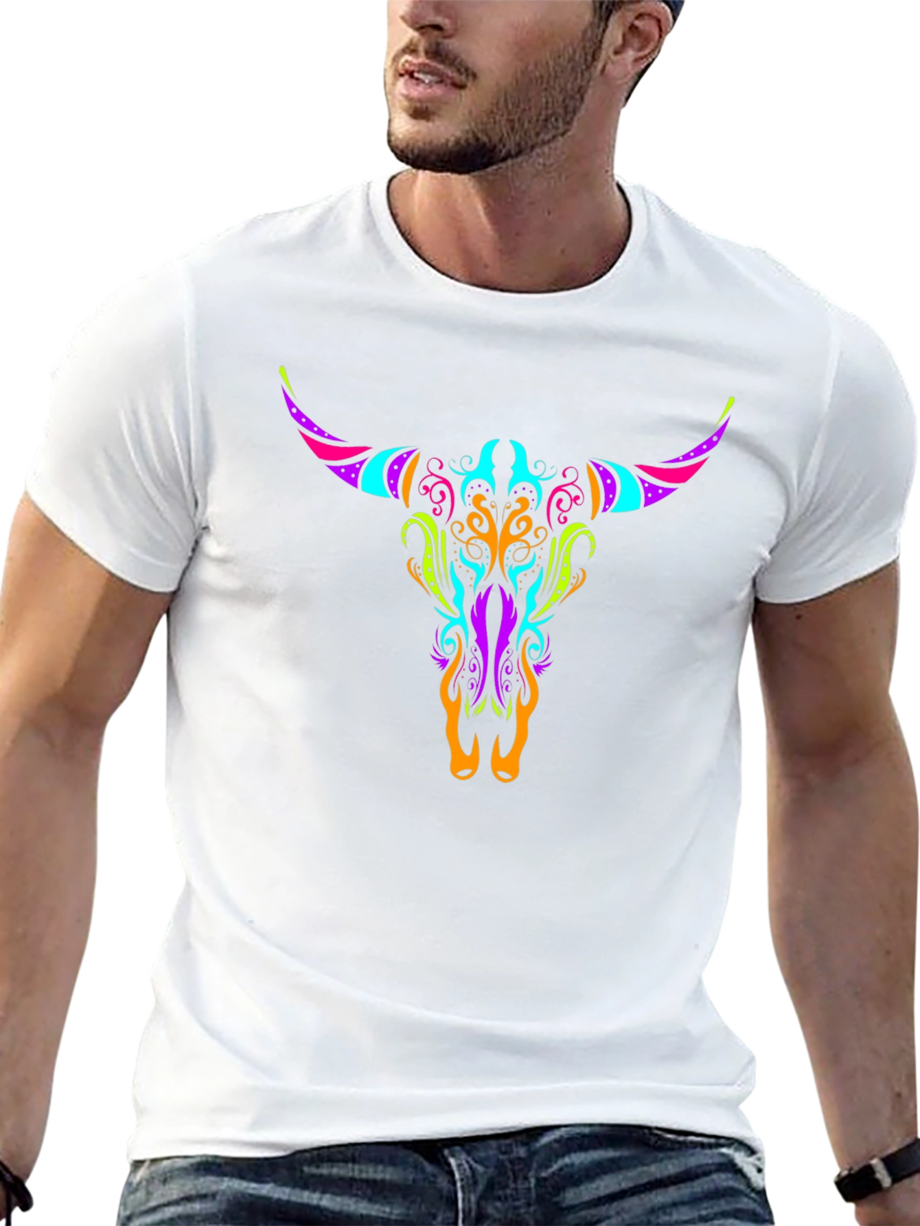 Neon Bull Skull Graphic Tee - Black