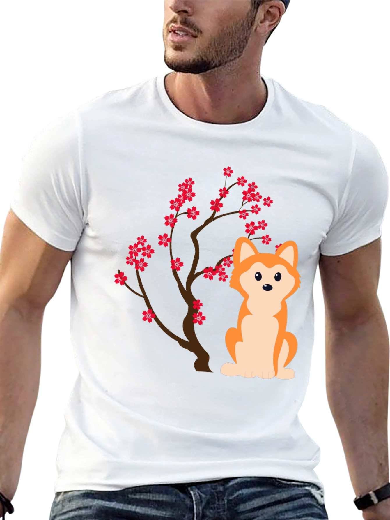 Dog & Cherry Blossom T-Shirt - Black