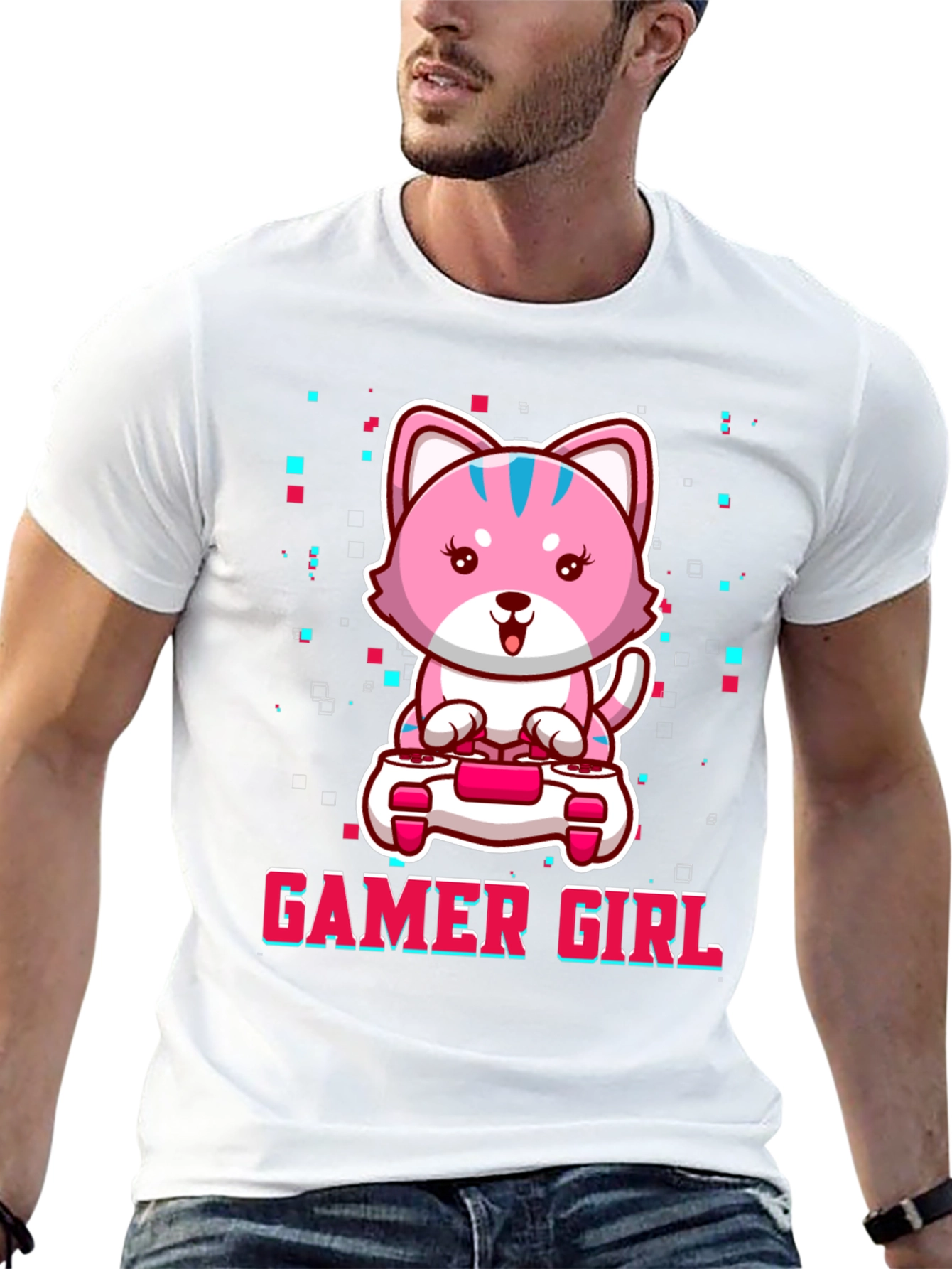 Gamer Girl Cute Pink Kitty Cat Graphic T-Shirt