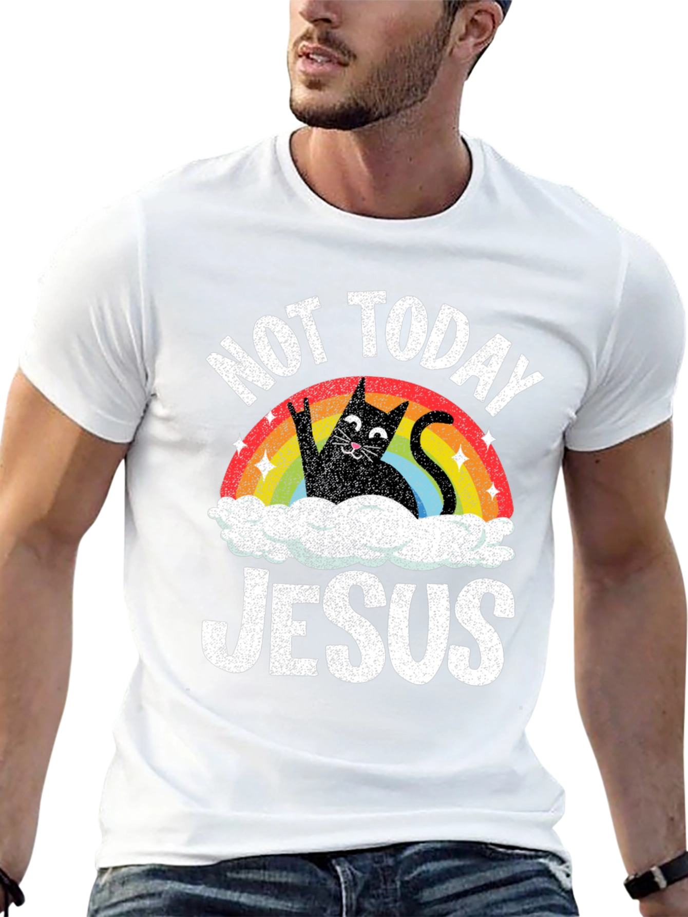 Not Today Jesus T-Shirt Funny Cat Rainbow