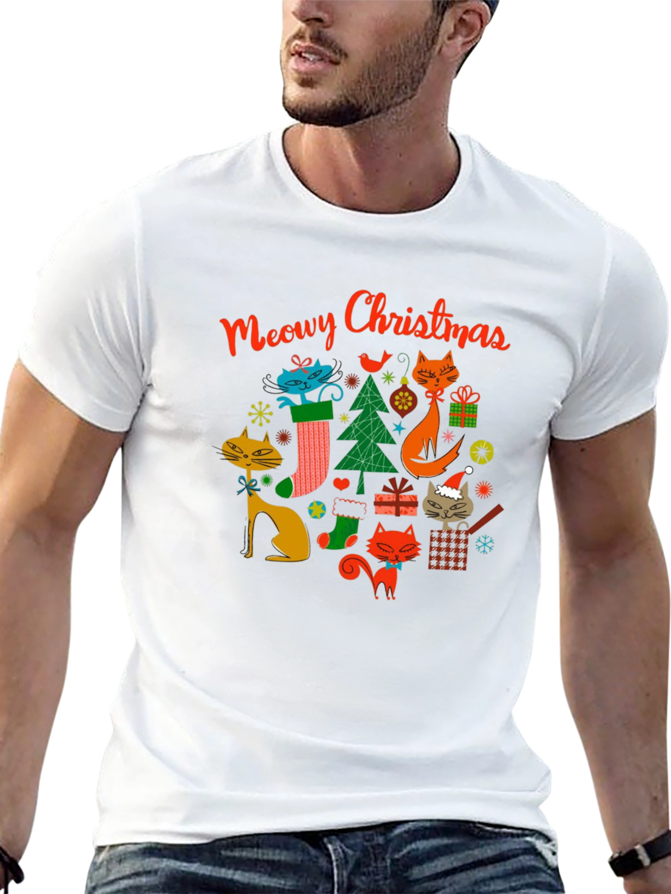 Meowy Christmas Cat T-Shirt - Holiday Novelty Tee