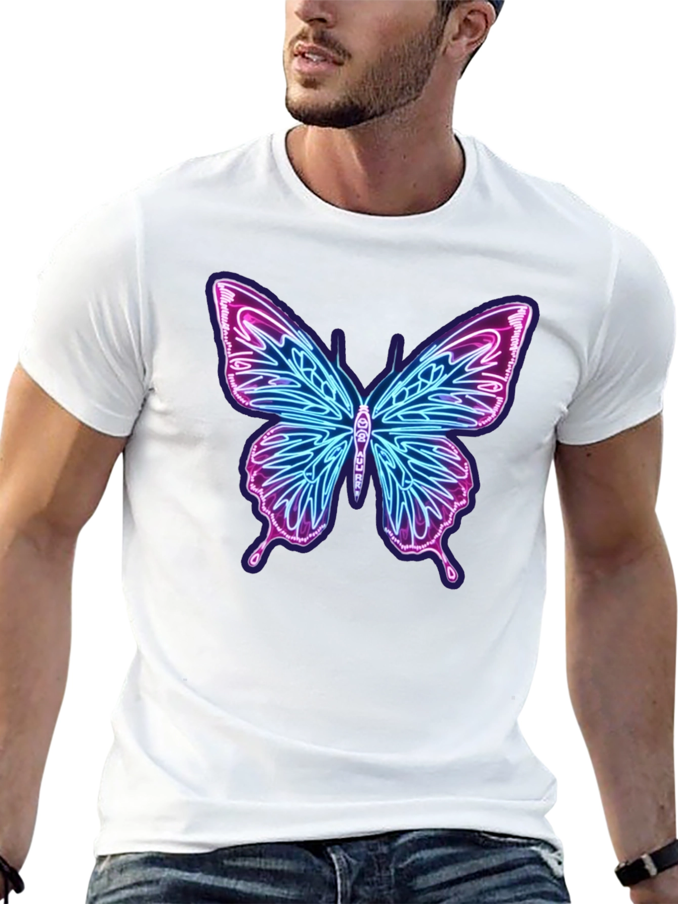 Neon Butterfly Graphic Black T-Shirt