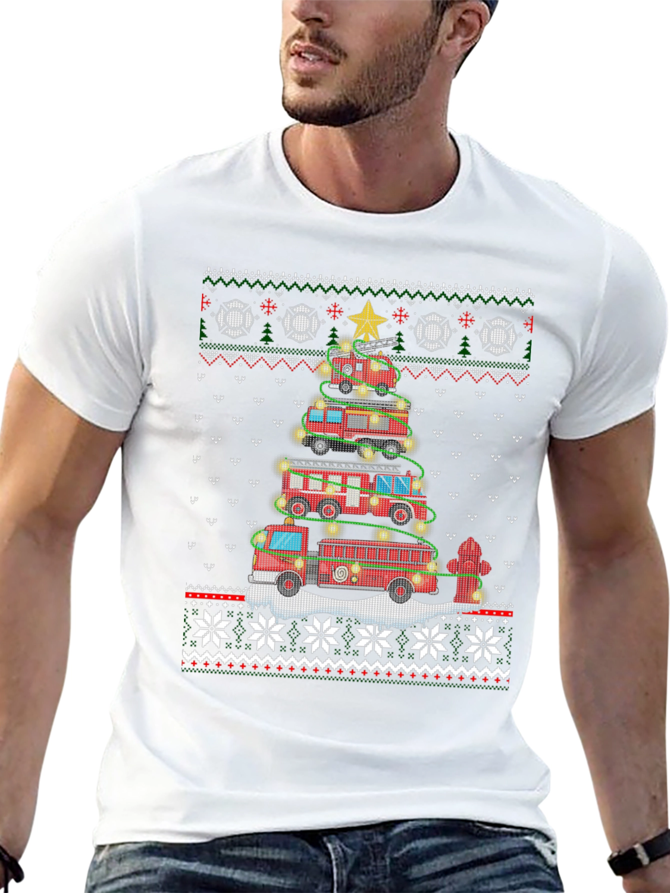 Fire Truck Christmas Tree Ugly Sweater T-Shirt