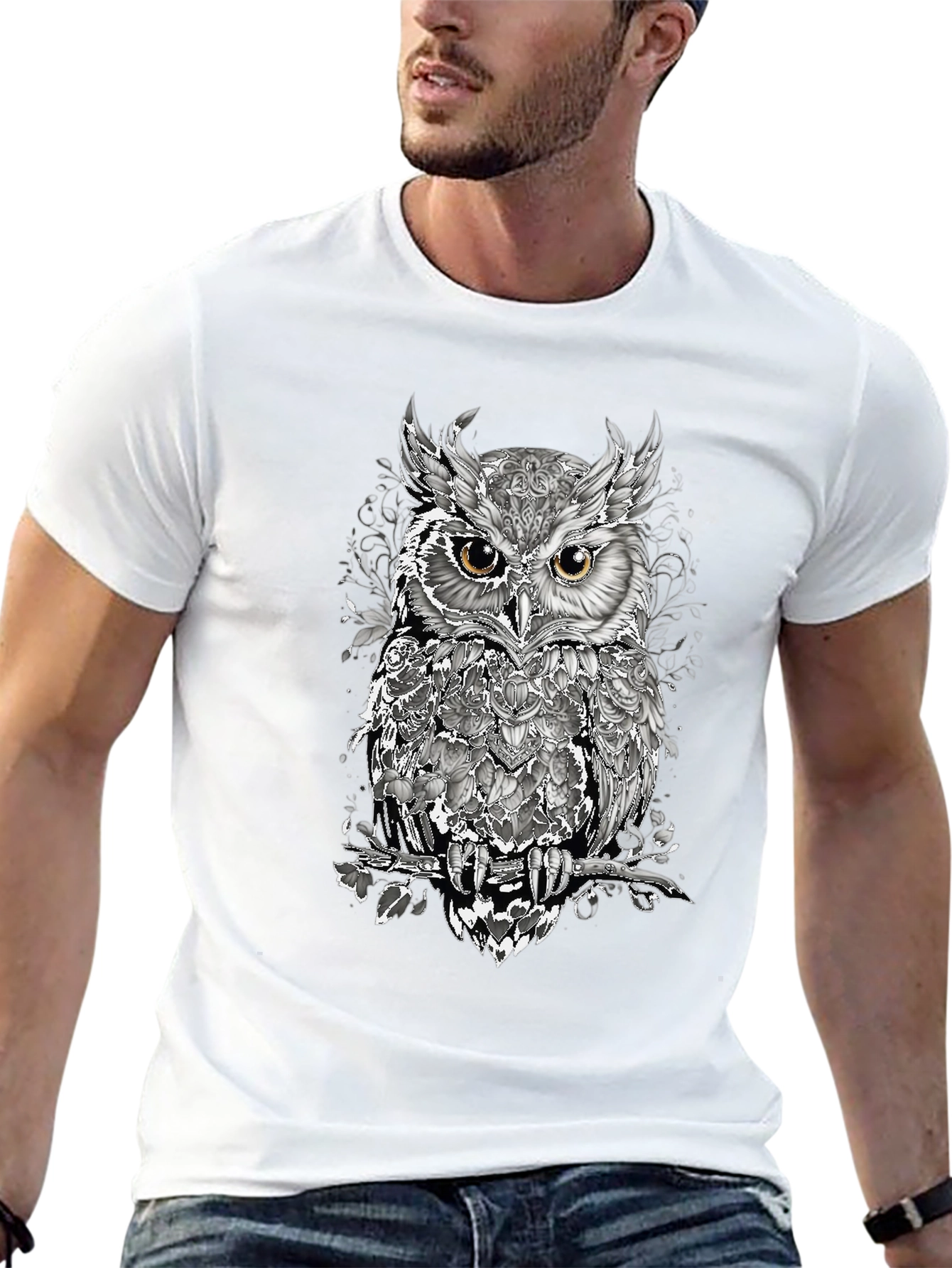 Artistic Owl Graphic T-Shirt - Mens Black Tee