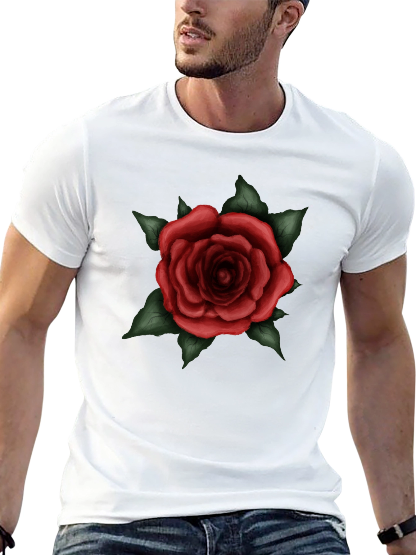 Mens Black T-Shirt with Red Rose Graphic