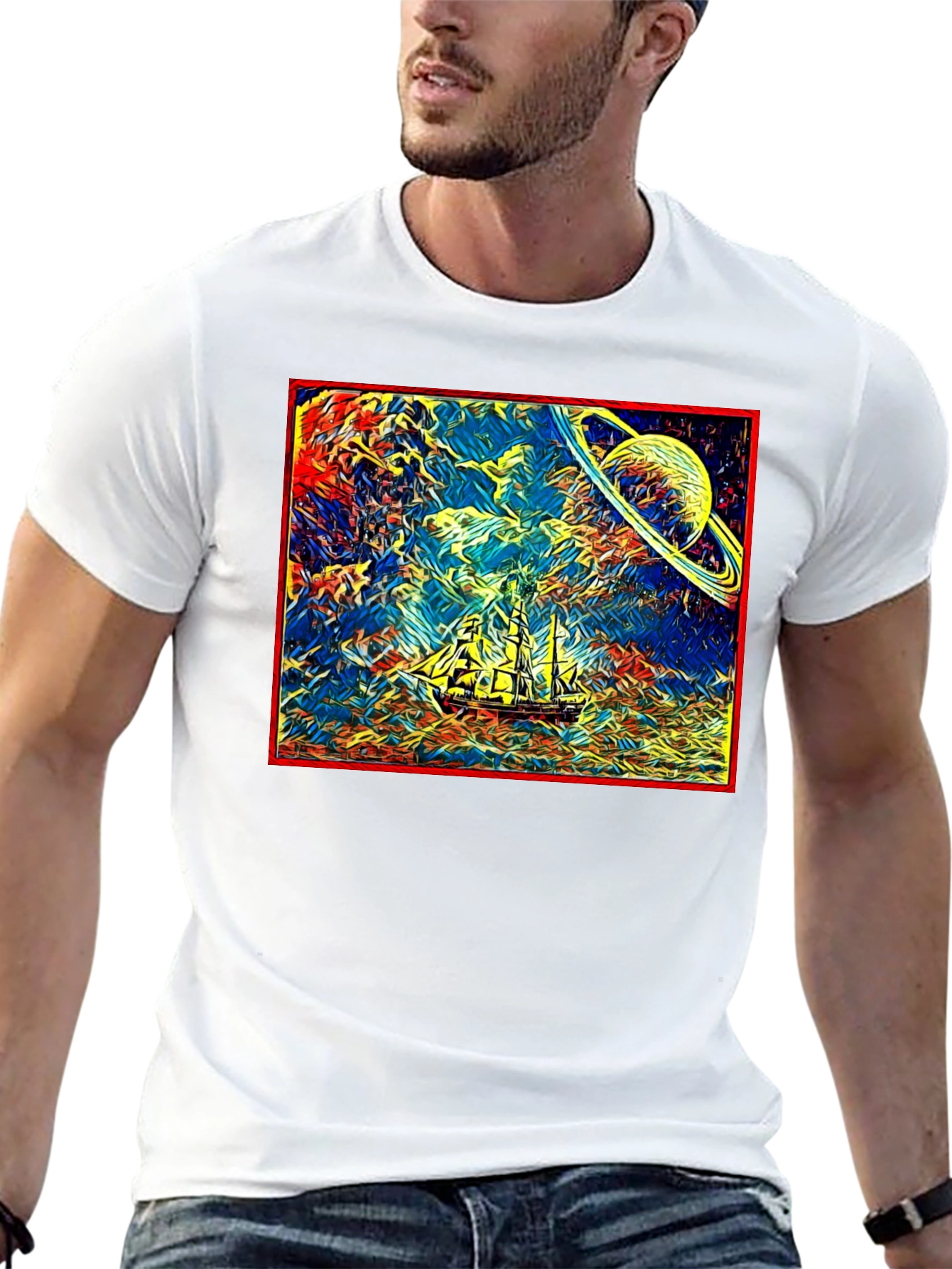 Cosmic Voyage T-Shirt - Saturn & Sailing Ship Tee