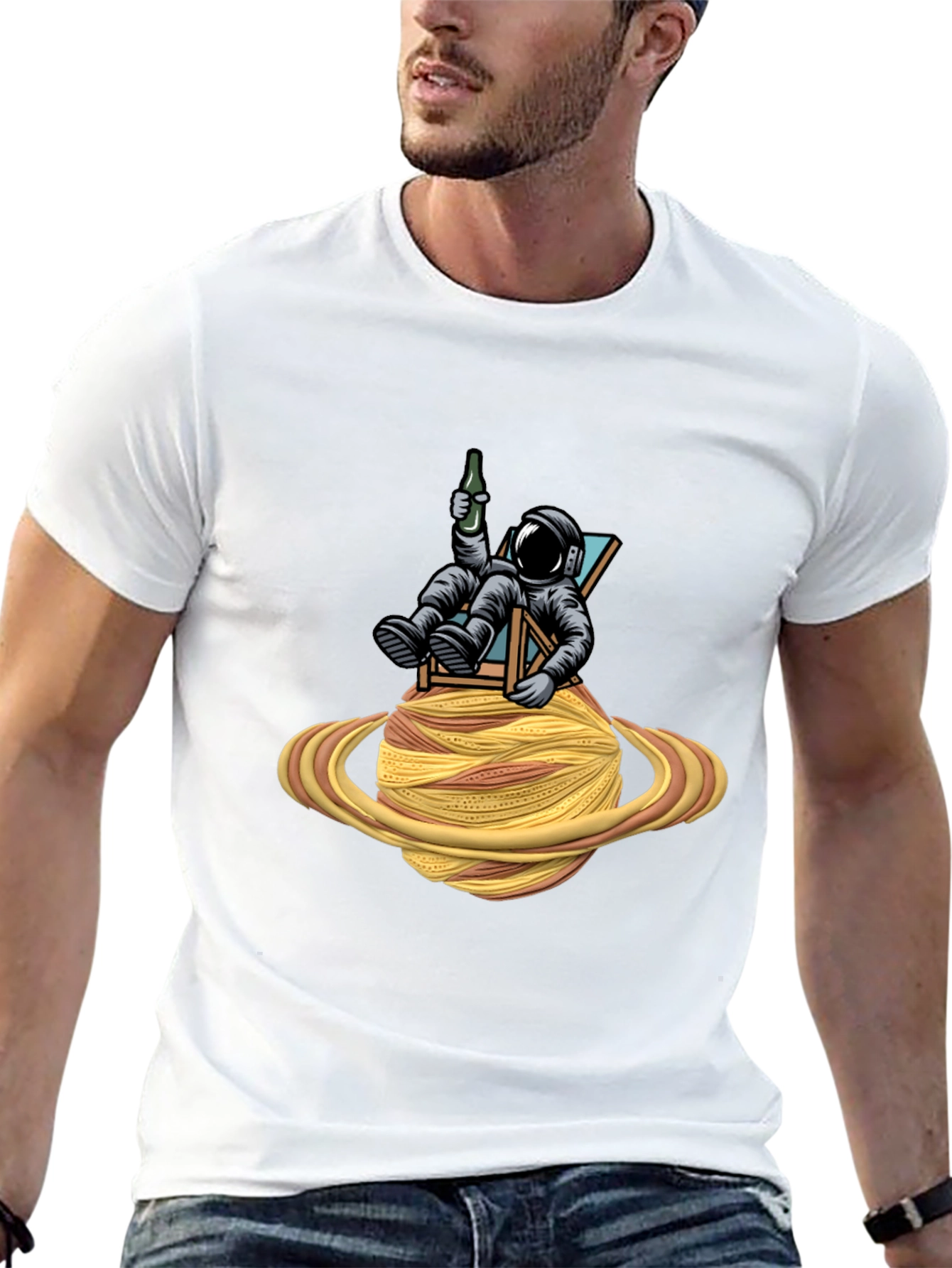 Astronaut Relaxing on Spaghetti Planet Black T-Shirt