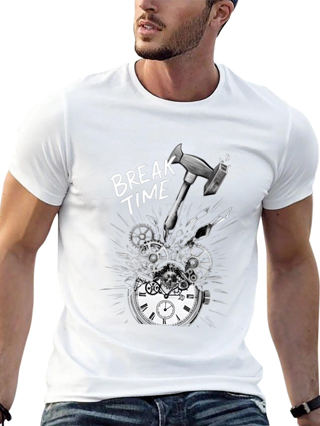 Break Time T-Shirt - Hammer Smashing Clock Gears Design