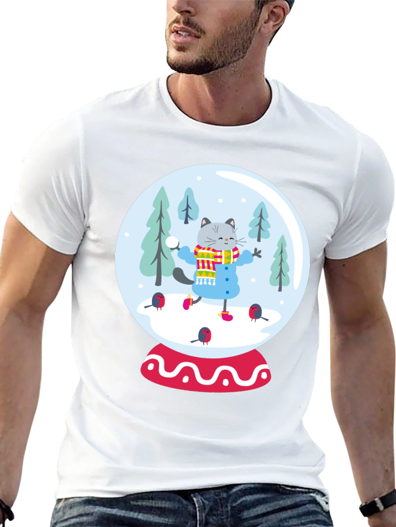 Festive Cat Snow Globe Graphic Tee - Black