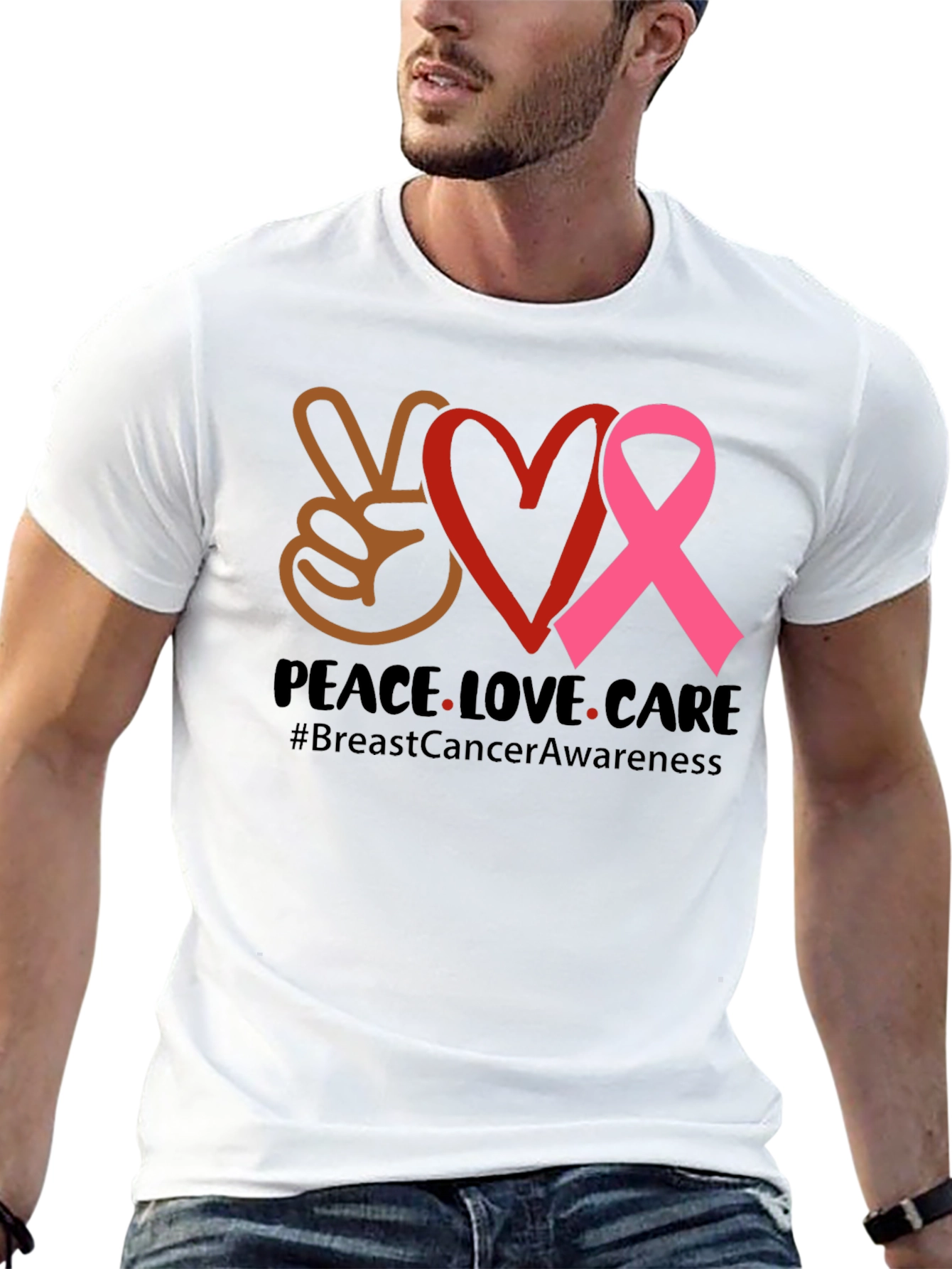 Peace Love Care Breast Cancer Awareness T-Shirt