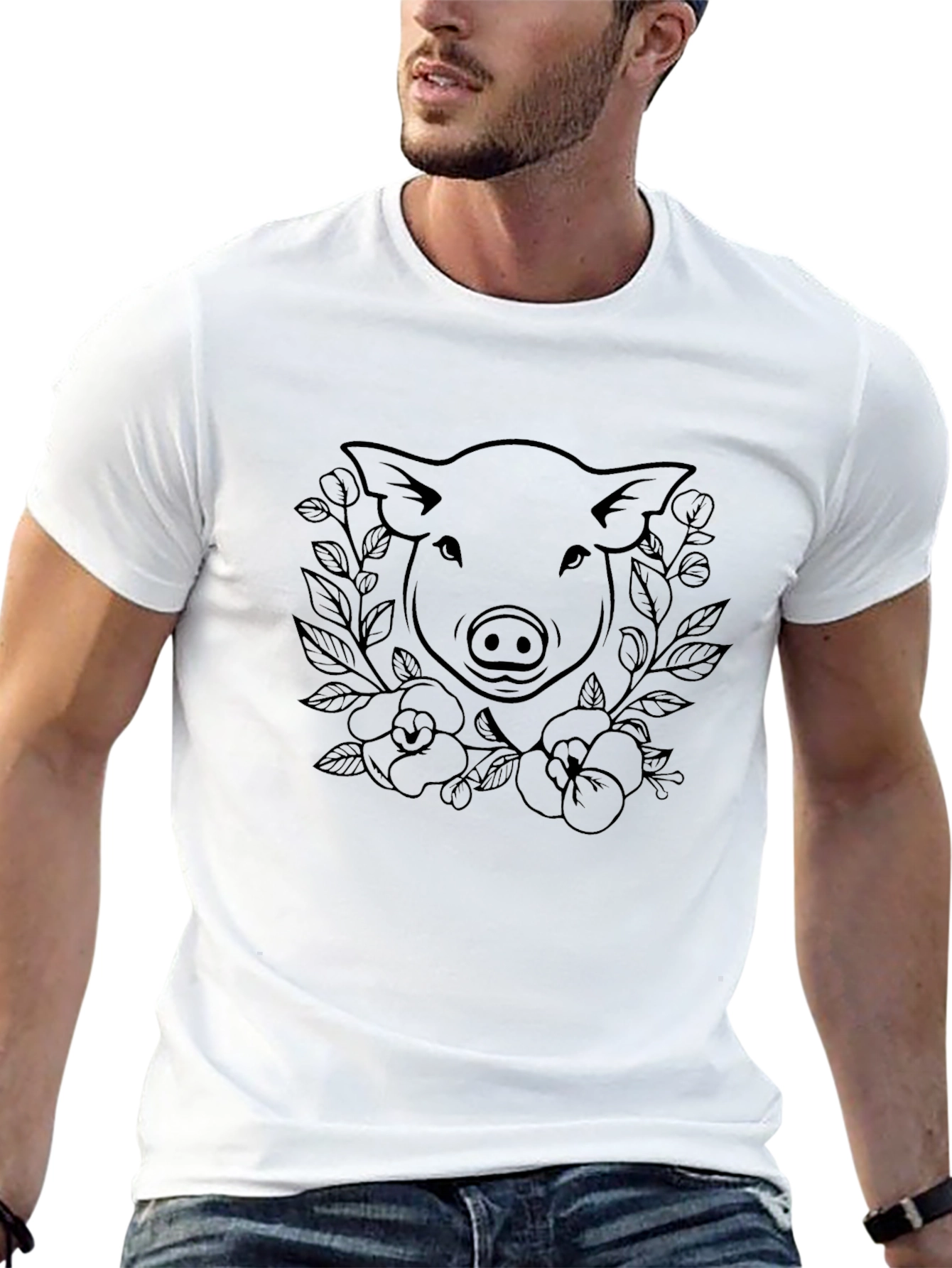 Pig Floral Graphic Tee - Black Cotton T-Shirt