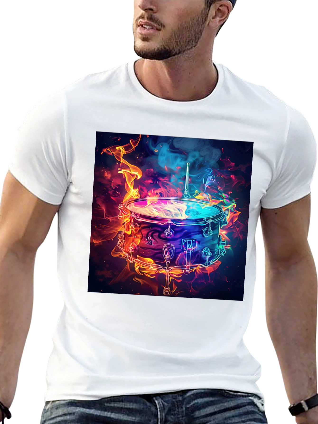 Flaming Drum Graphic Tee - Black Cotton T-Shirt