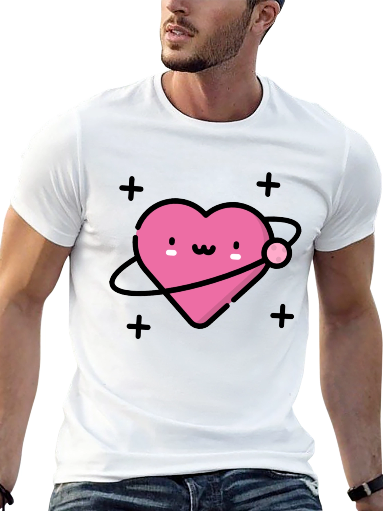 Cute Heart Planet Black T-Shirt