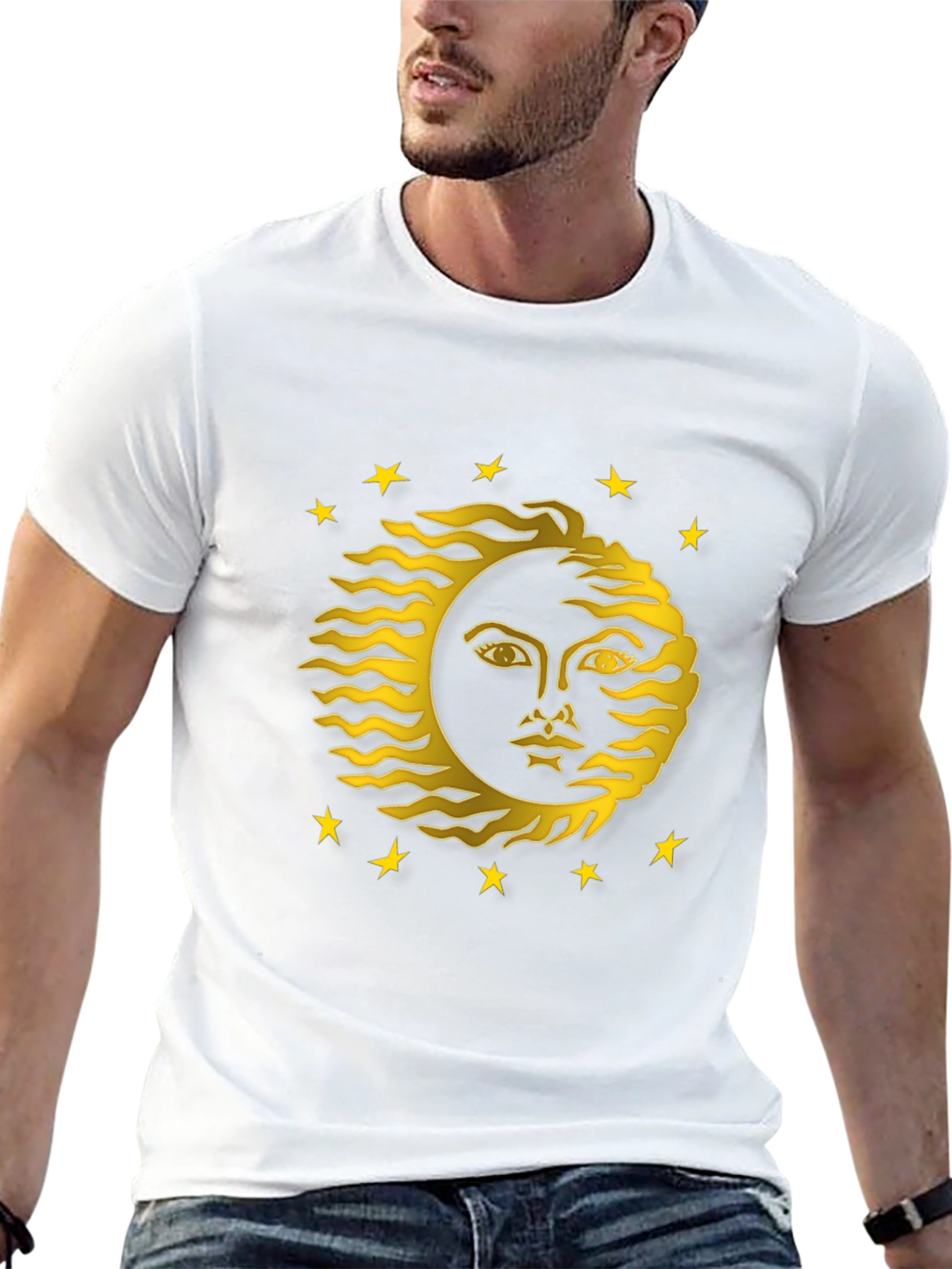Celestial Sun Face Graphic Tee - Black Cotton T-Shirt