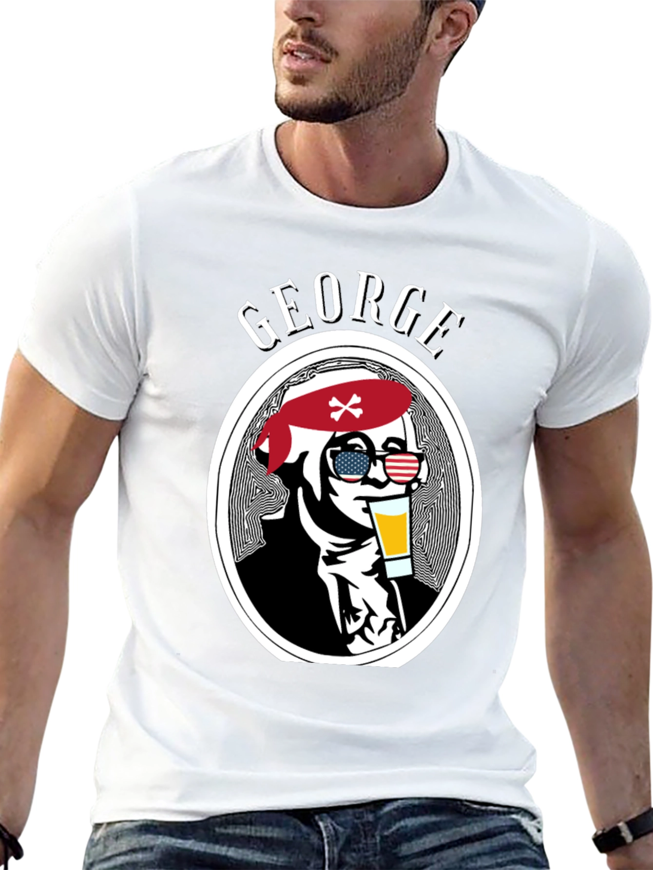 George T-Shirt: Patriotic Skull Drinking Beer