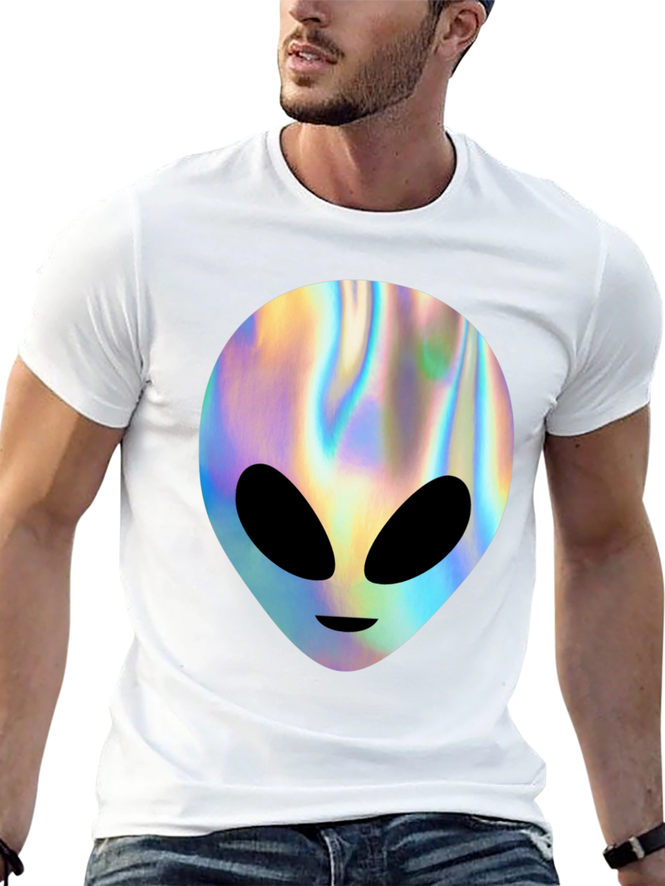Holographic Alien Graphic T-Shirt - Trendy Outer Space Tee