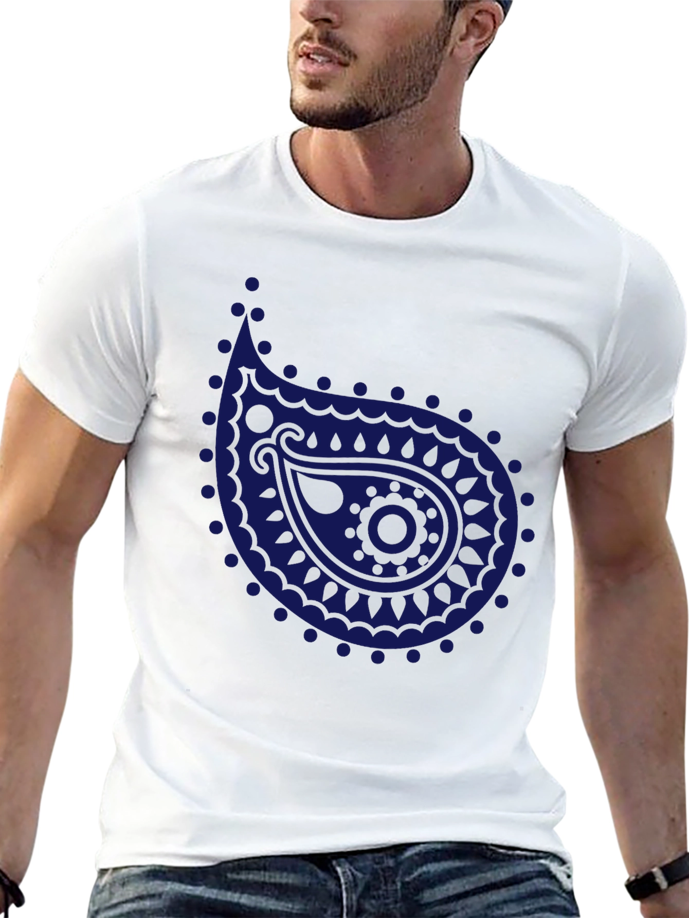 Mens Black T-Shirt with Blue Paisley Design