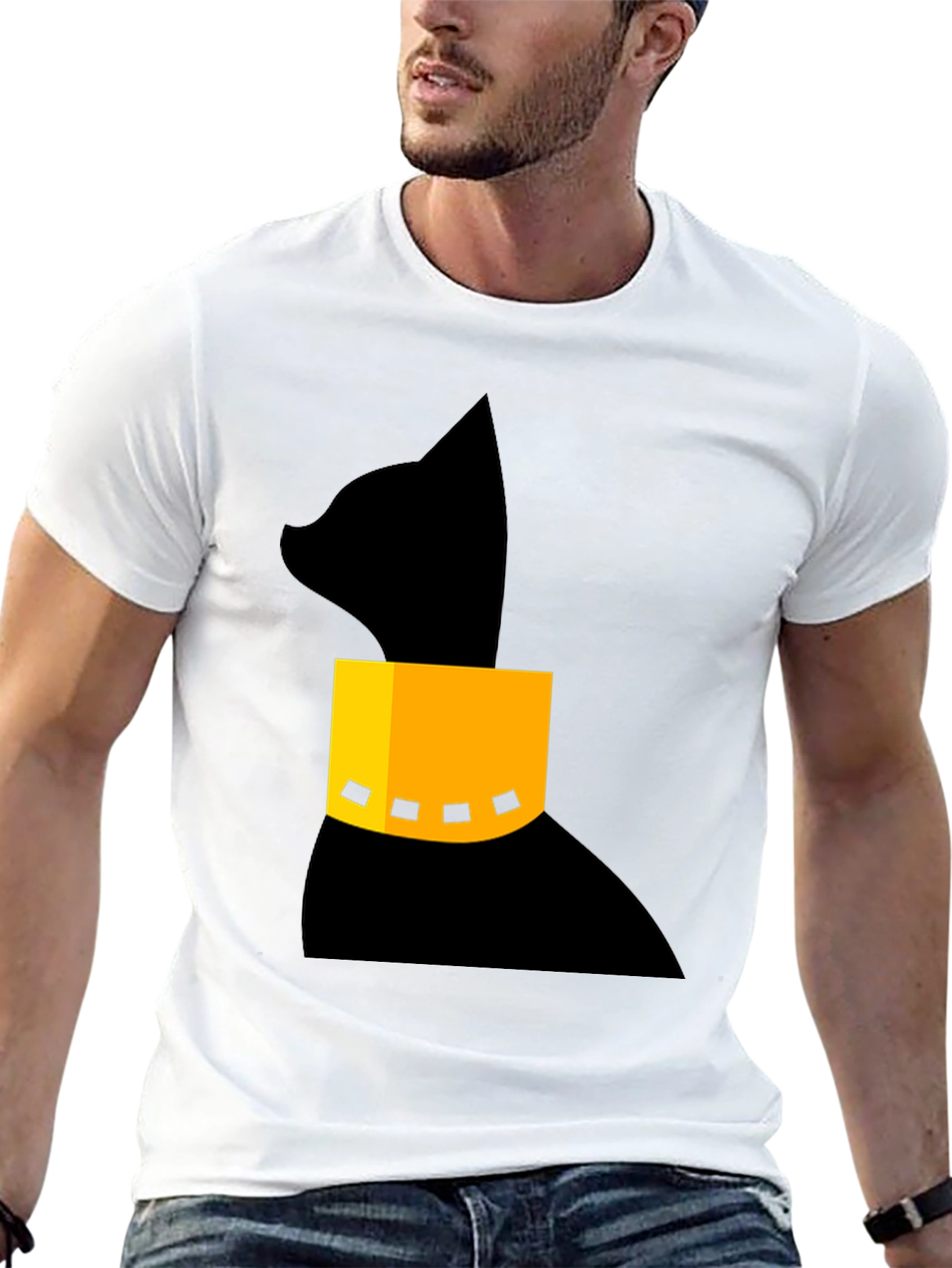 Modern Black Cat T-Shirt with Geometric Collar