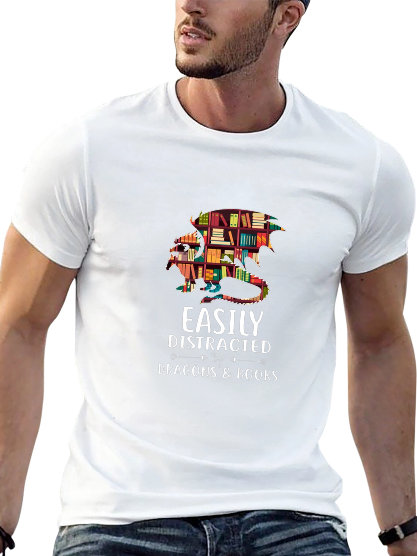 Easily Distracted By Dragons & Books Black T-Shirt