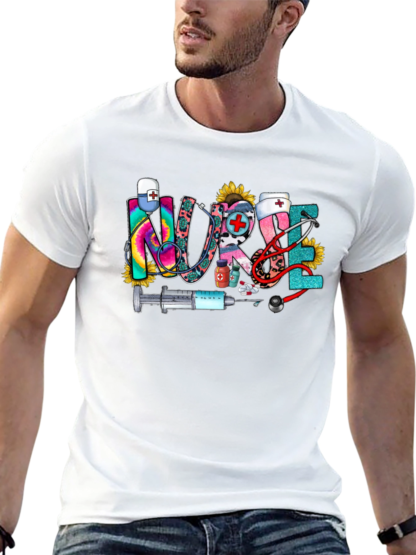 Nurse Themed Graphic Print Crew Neck T-Shirt