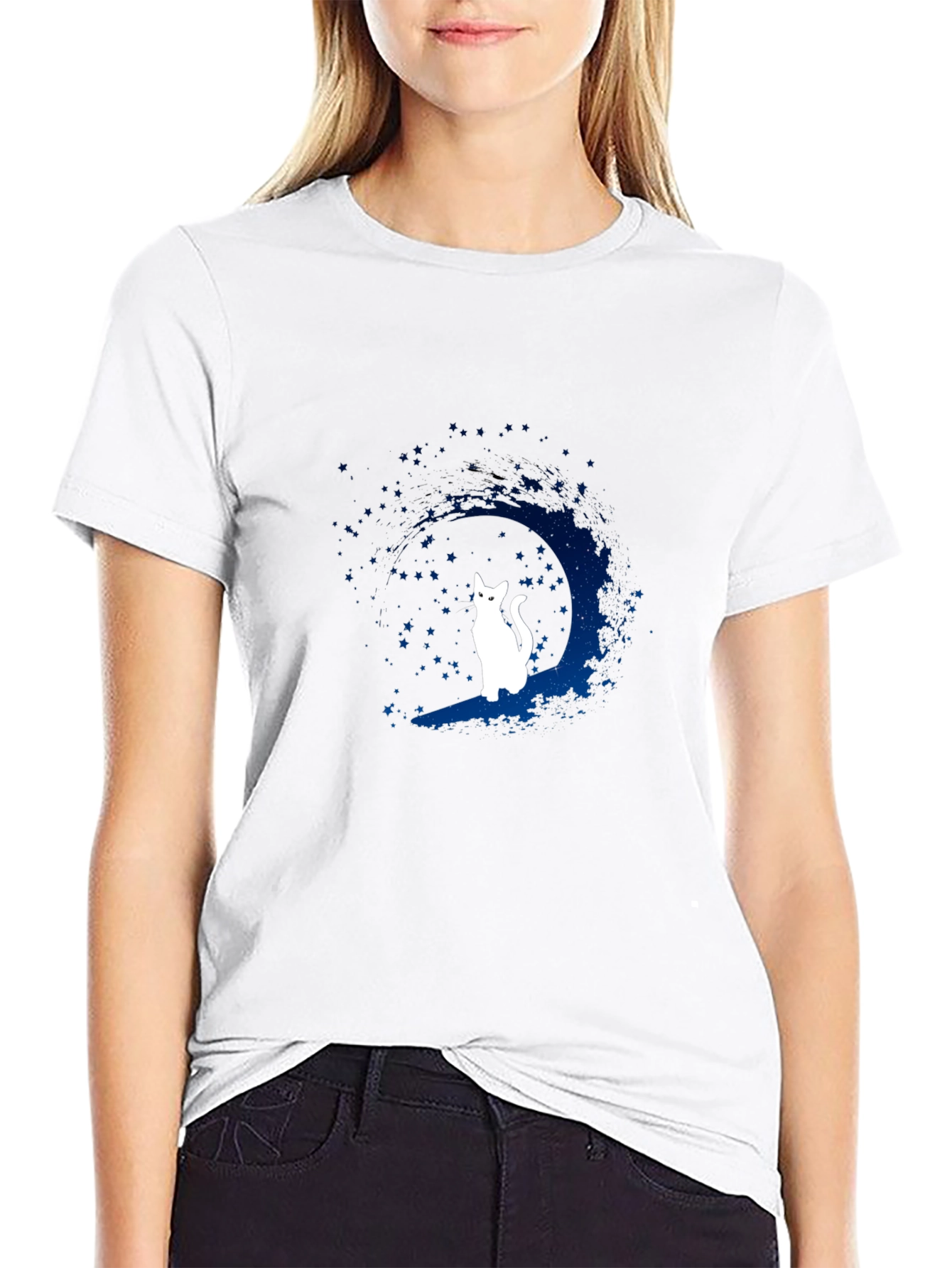 Moon Cat Graphic Tee - Black Cotton Blend
