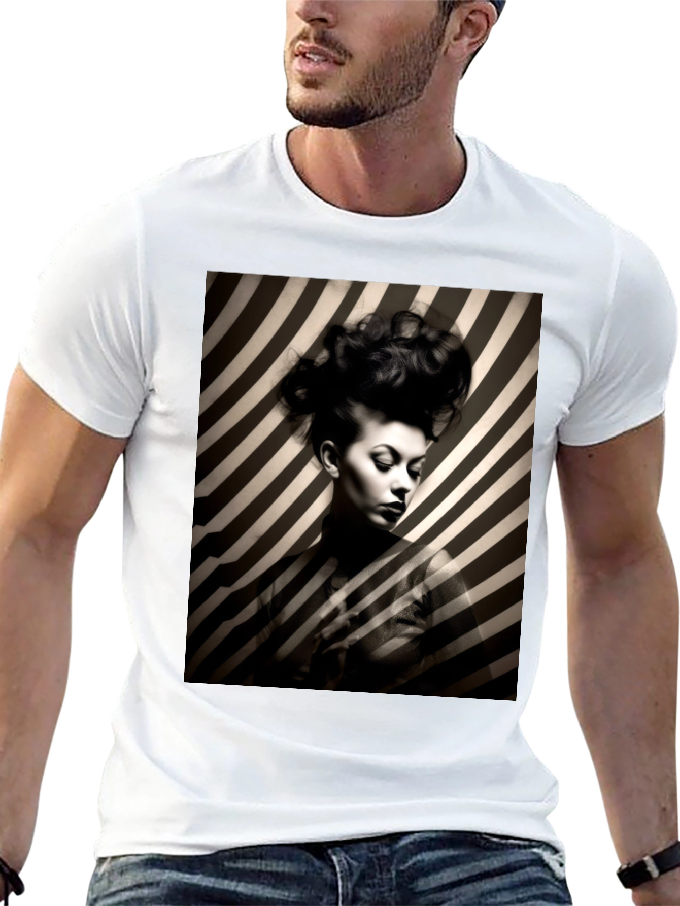 Striking Striped Portrait Graphic Tee - Bold Style