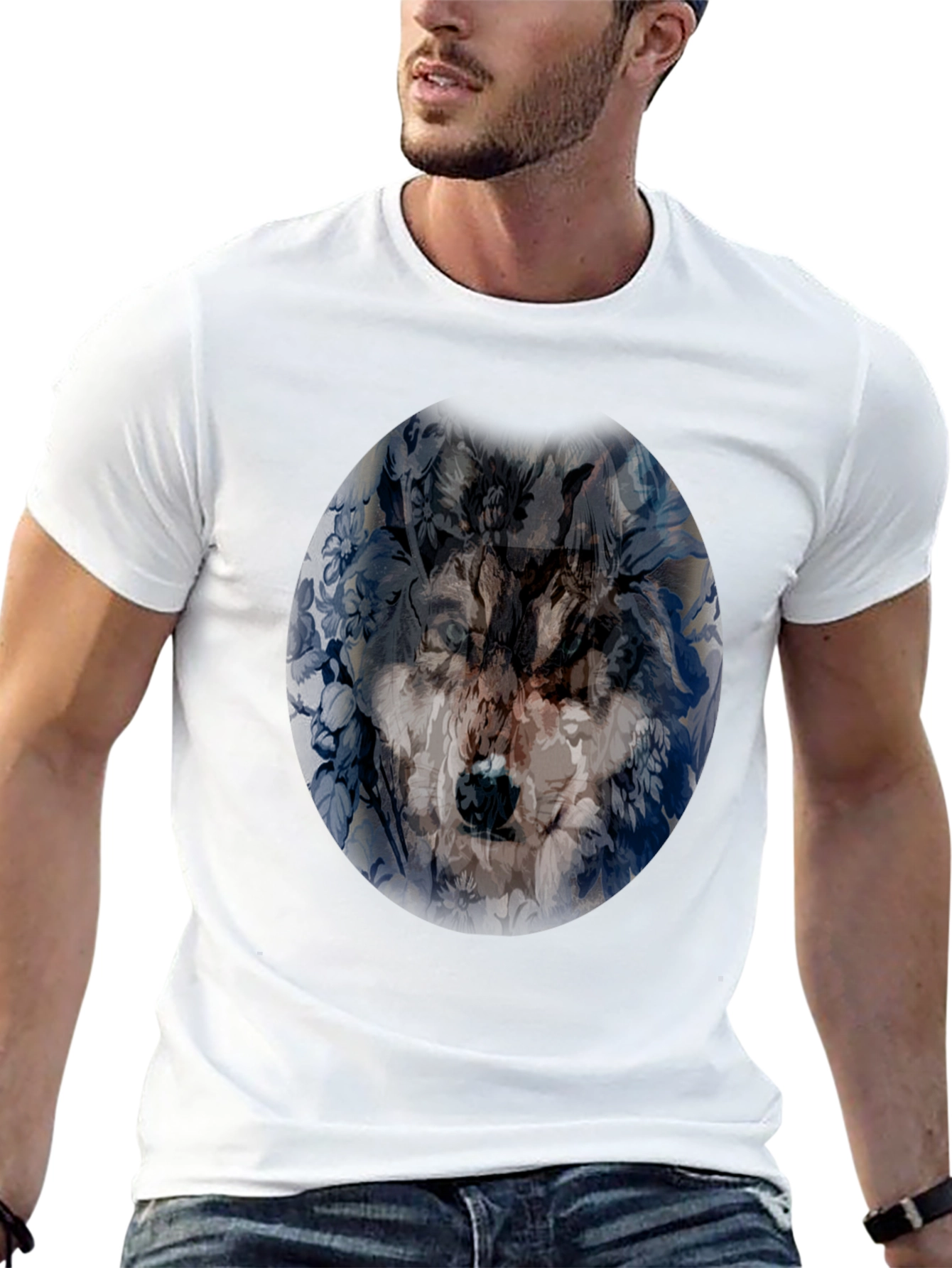 Wolf Floral Print Black T-Shirt