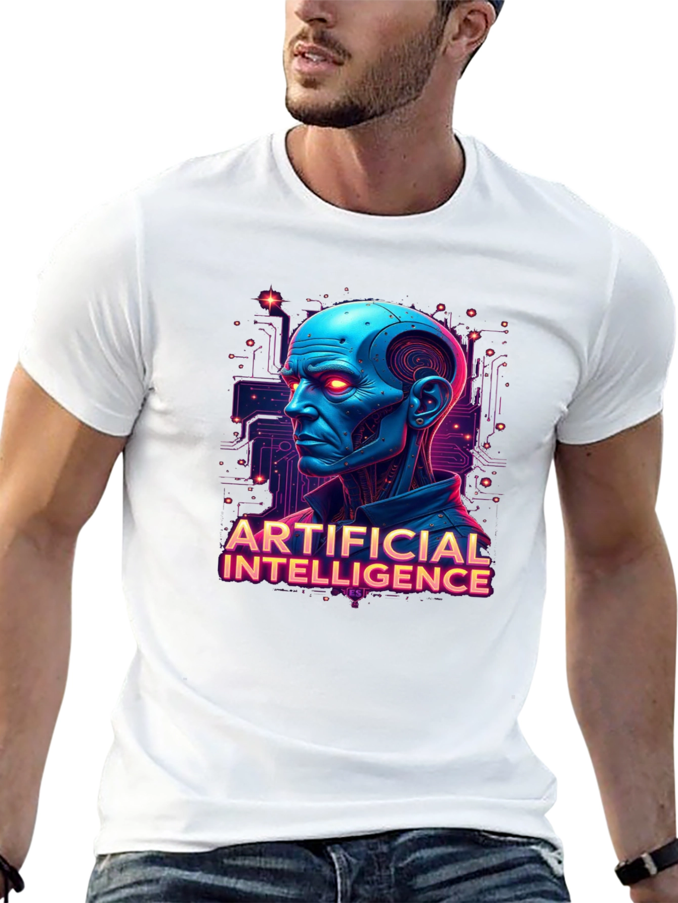 AI Robot Head Graphic Tee - Black T-Shirt