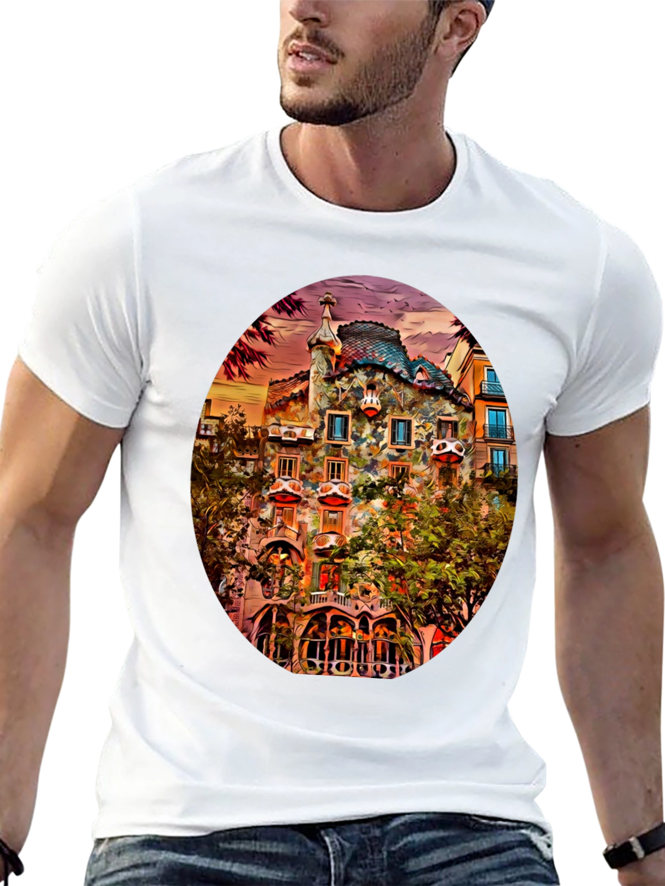Gaudi Building Art Print Black T-Shirt