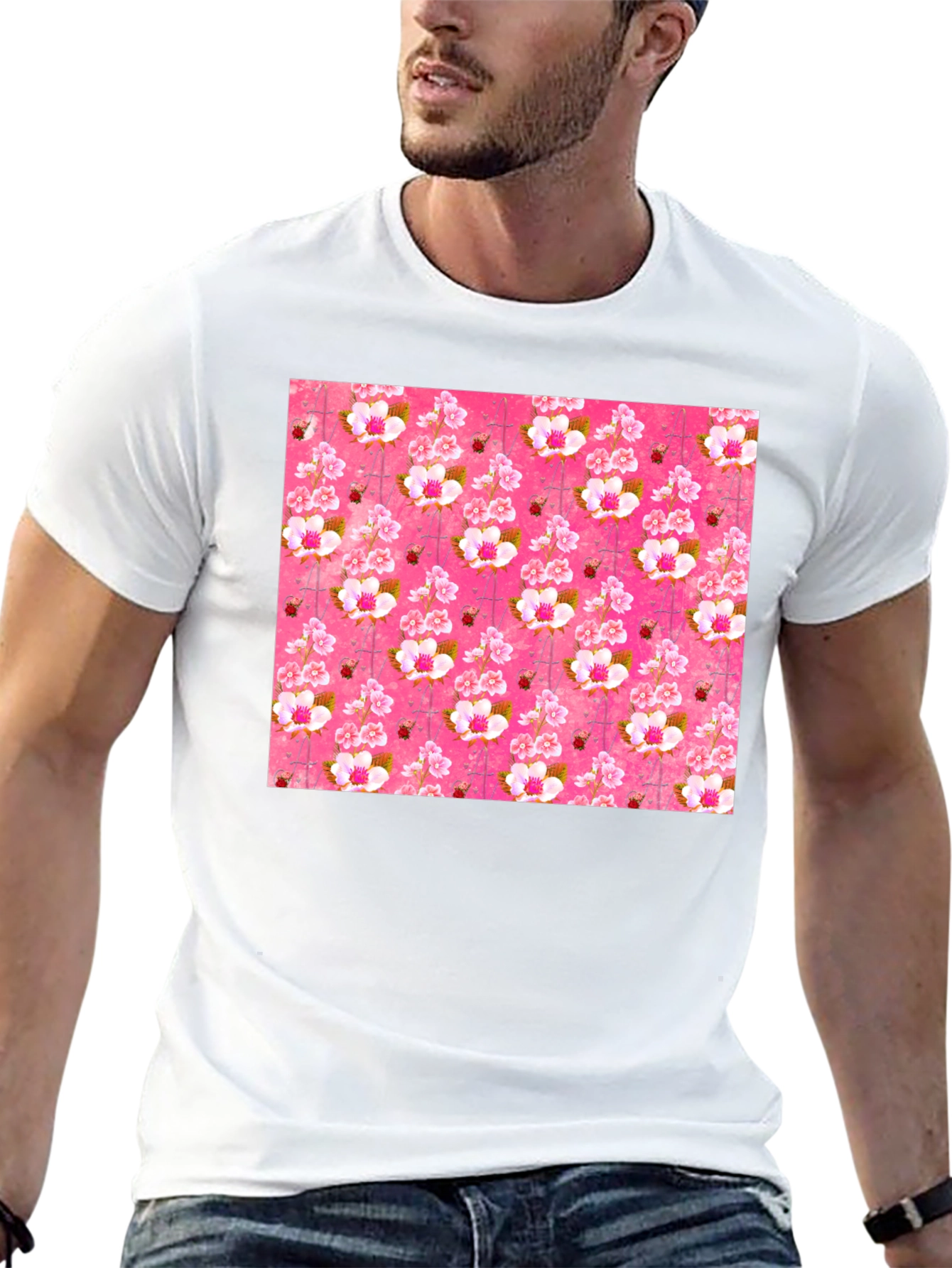 Floral Blossom Print Mens Black T-Shirt