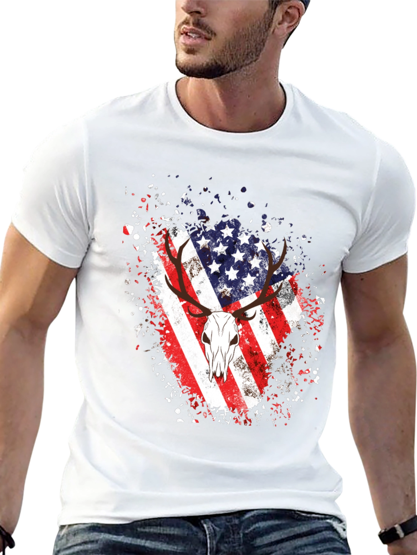 American Flag Deer Skull Graphic Tee - Black