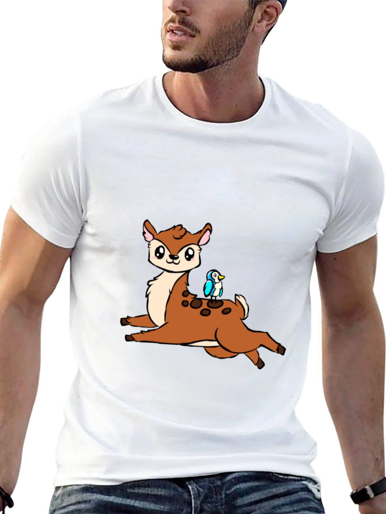 Cute Cartoon Deer & Bird Black T-Shirt