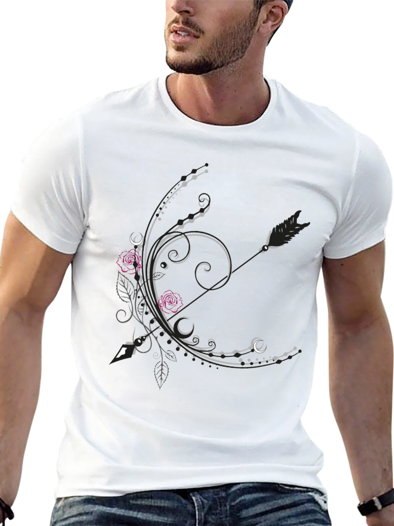 Floral Arrow Graphic Tee - Elegant Black T-Shirt