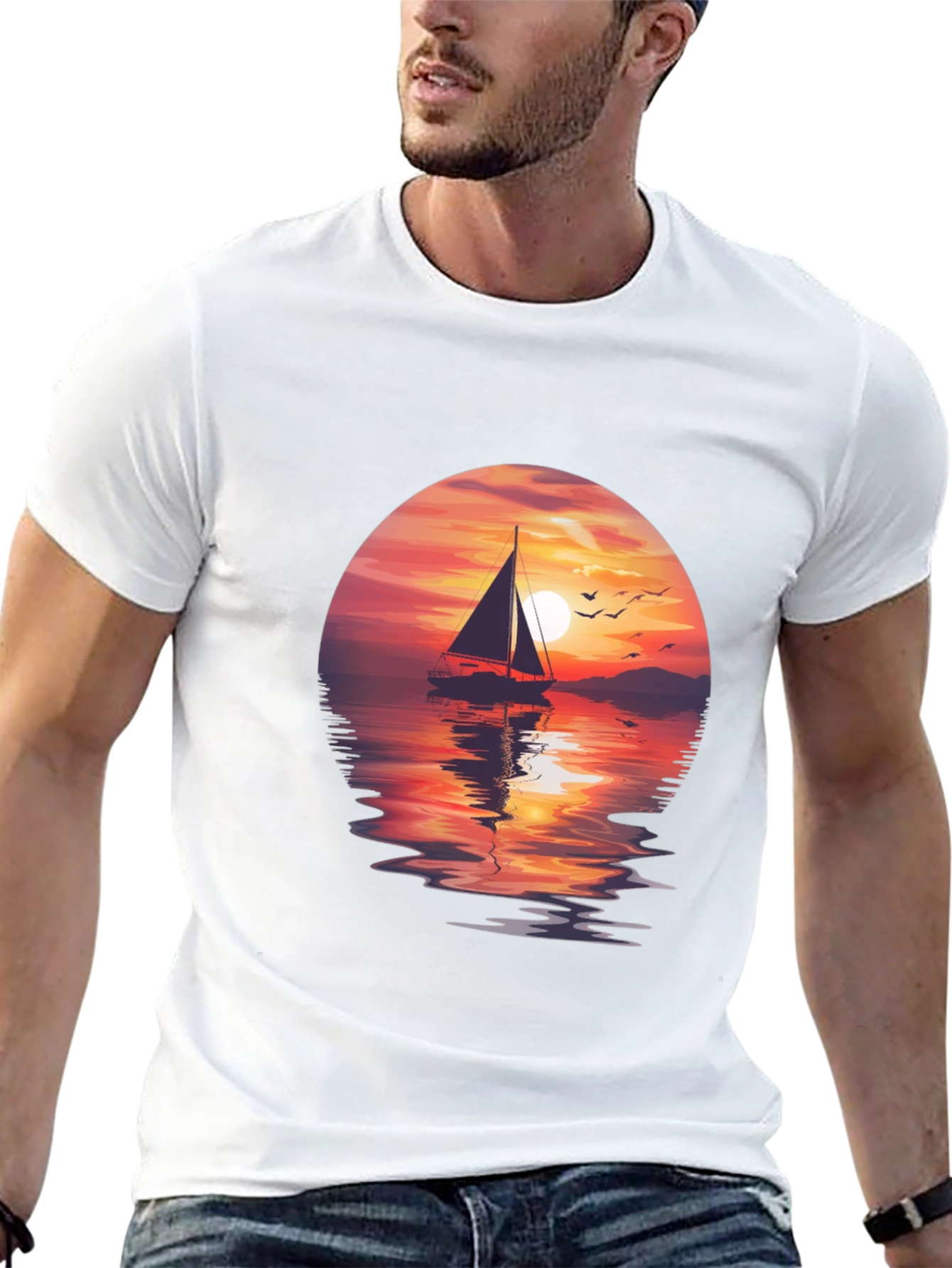 Sunset Sailboat Graphic Tee - Black Crew Neck T-Shirt